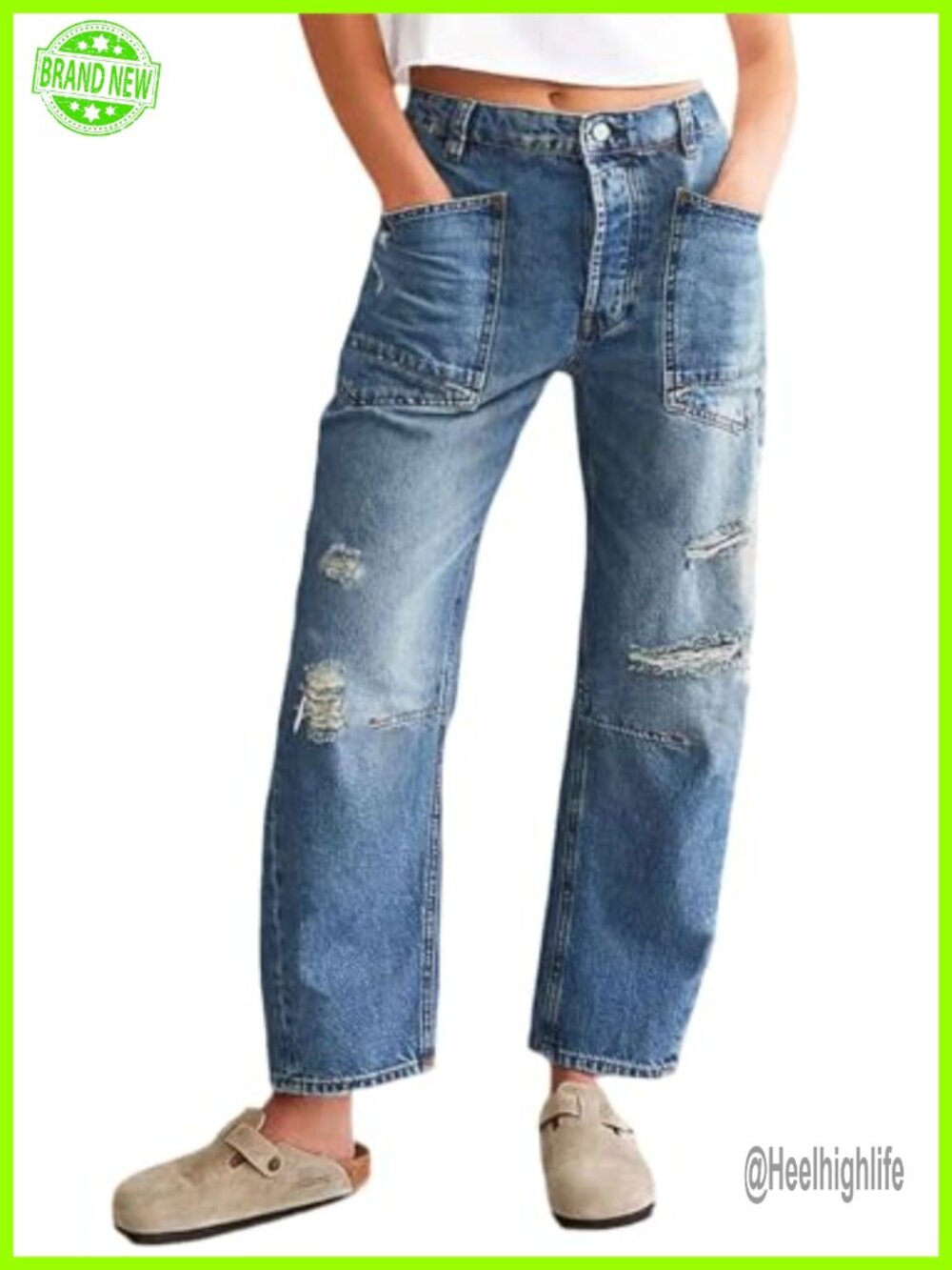 Women Distressed Baggy Barrel Jeans Wide Leg Ripped Ankle Denim Pants